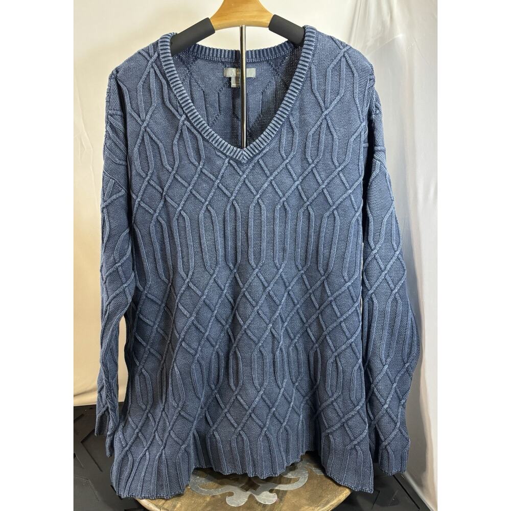 Coastal Grandmother Cable Knit Sweater XXL Blue Cotton Nautical Fisherman